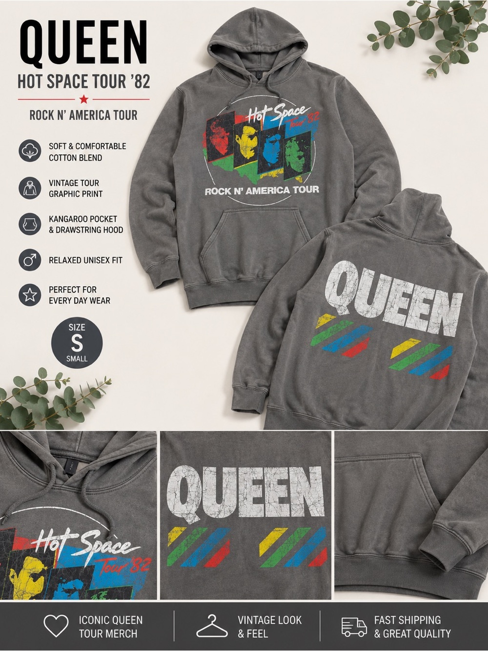 Que Hot Space Tour '82 Gray Graphic Hoodie
